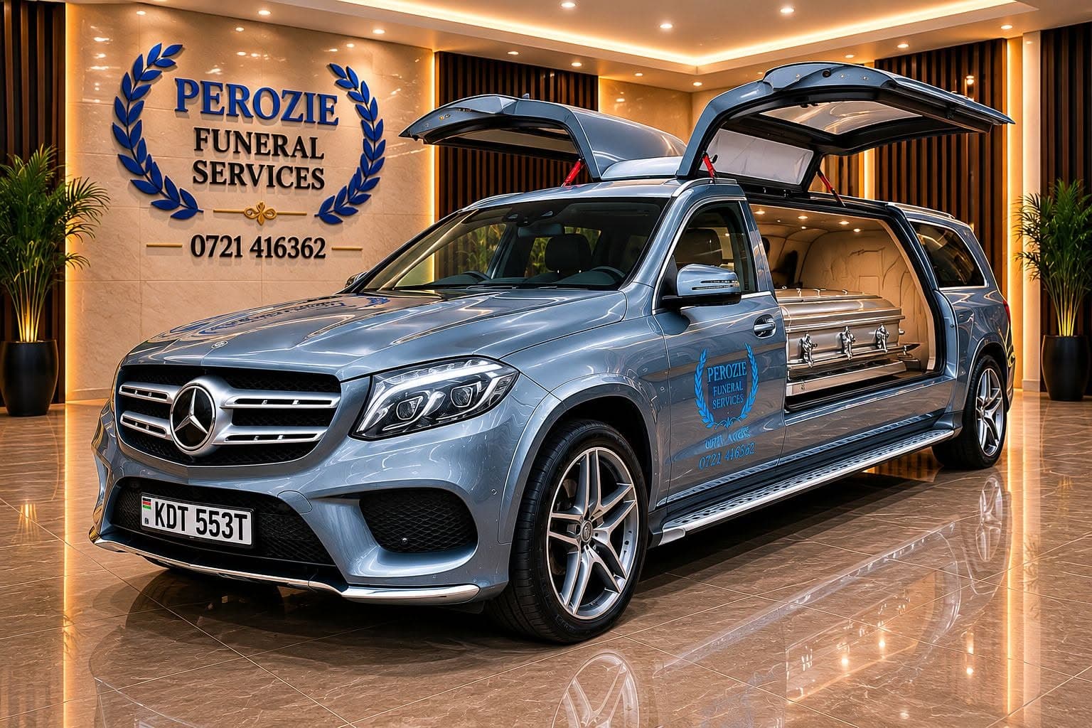 Mercedes-Benz E-class hearse — Perozie Funeral Services showroom
