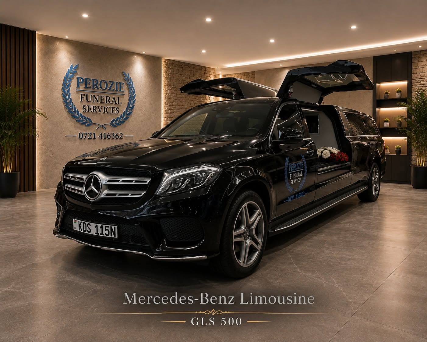 Mercedes-Benz GLS 500 limousine hearse with gull-wing doors open