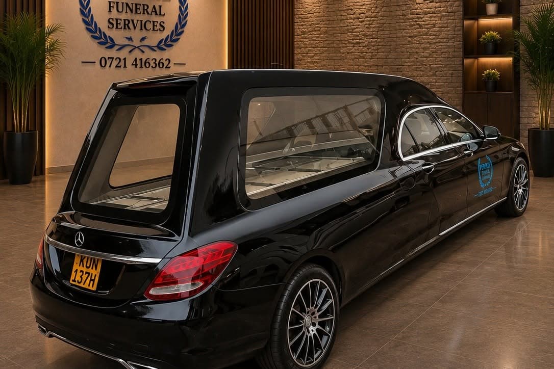 Mercedes-Benz GLS limousine hearse with casket — showroom